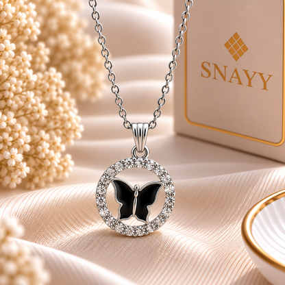 Black Butterfly Chain Pendant for Women | Silver Crystal Butterfly Pendant