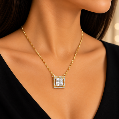 Elegant Gold Square Pendant Chain for Women | CZ Designer Chain Pendant