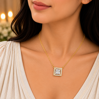 Elegant Gold Square Pendant Chain for Women | CZ Designer Chain Pendant