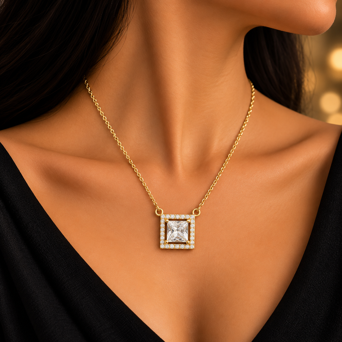 Elegant Gold Square Pendant Chain for Women | CZ Designer Chain Pendant