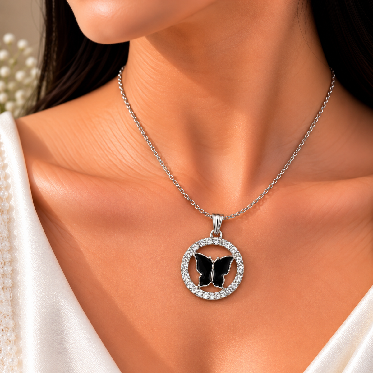 Black Butterfly Chain Pendant for Women | Silver Crystal Butterfly Pendant