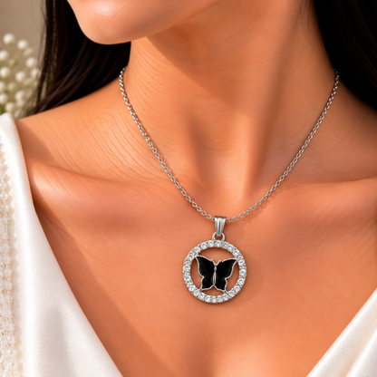 Black Butterfly Chain Pendant for Women | Silver Crystal Butterfly Pendant