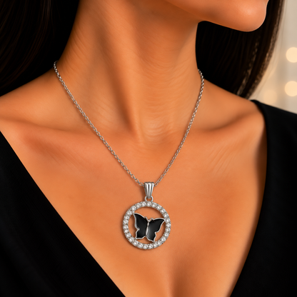 Black Butterfly Chain Pendant for Women | Silver Crystal Butterfly Pendant
