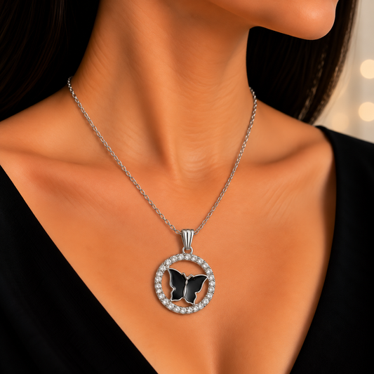 Black Butterfly Chain Pendant for Women | Silver Crystal Butterfly Pendant