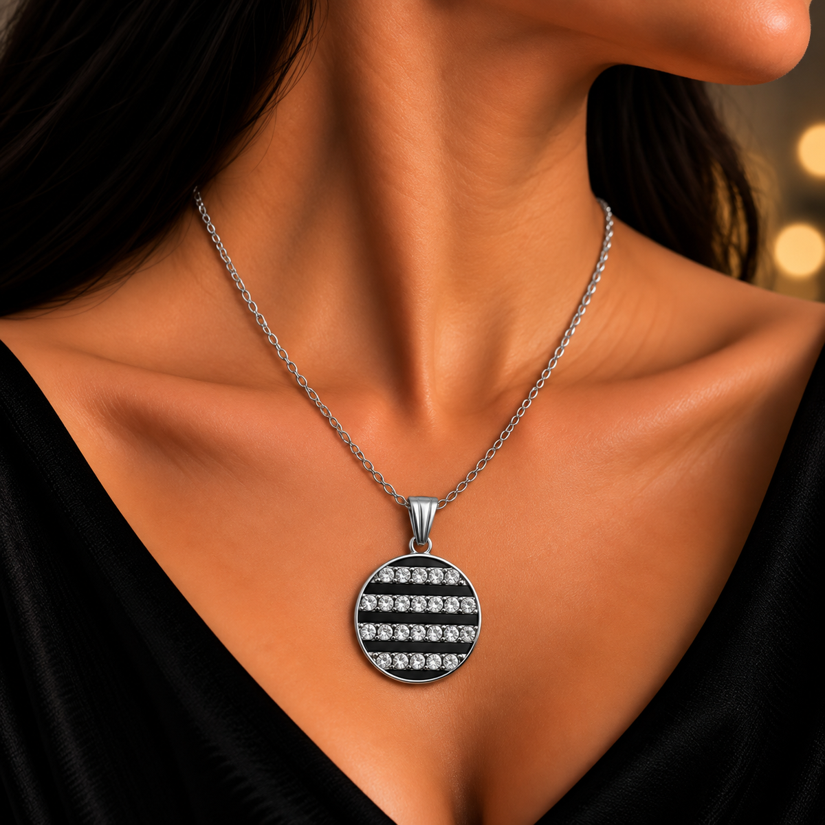 Elegant Round Crystal Chain Pendant for Women | Black & Silver Pendant