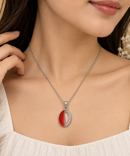 Elegant Red Oval Chain Pendant for Women | Silver-Tone Crystal Pendant