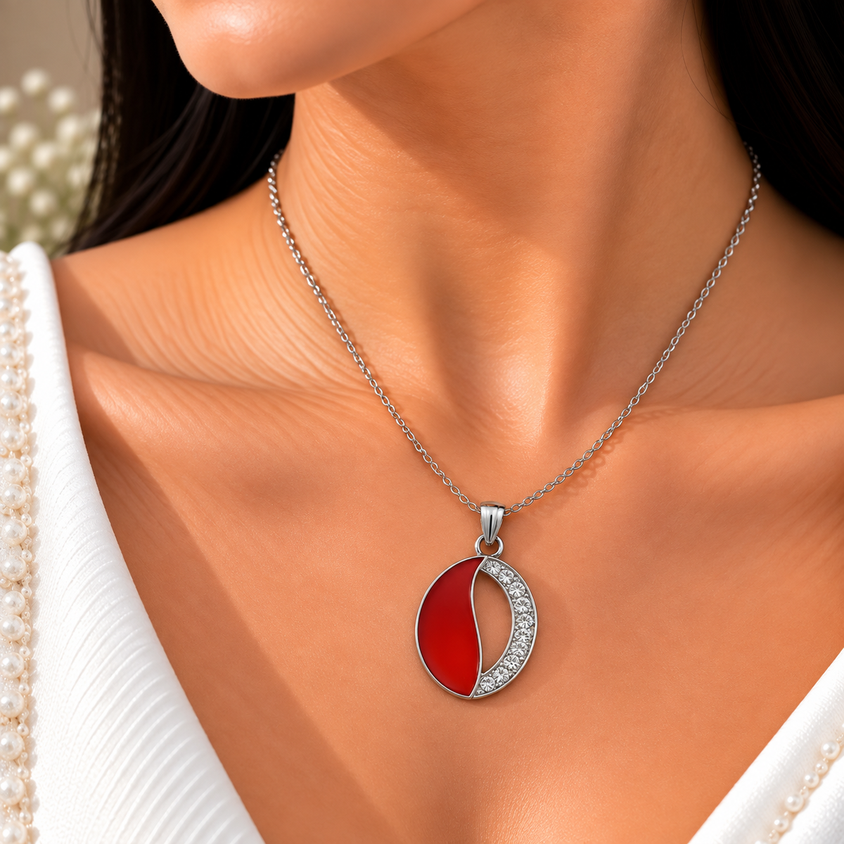 Elegant Red Oval Chain Pendant for Women | Silver-Tone Crystal Pendant