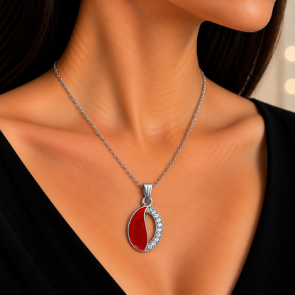 Elegant Red Oval Chain Pendant for Women | Silver-Tone Crystal Pendant