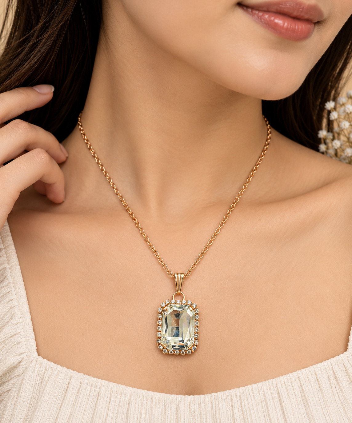 Elegant Rectangular Crystal Chain Pendant for Women | Gold Tone Pendant