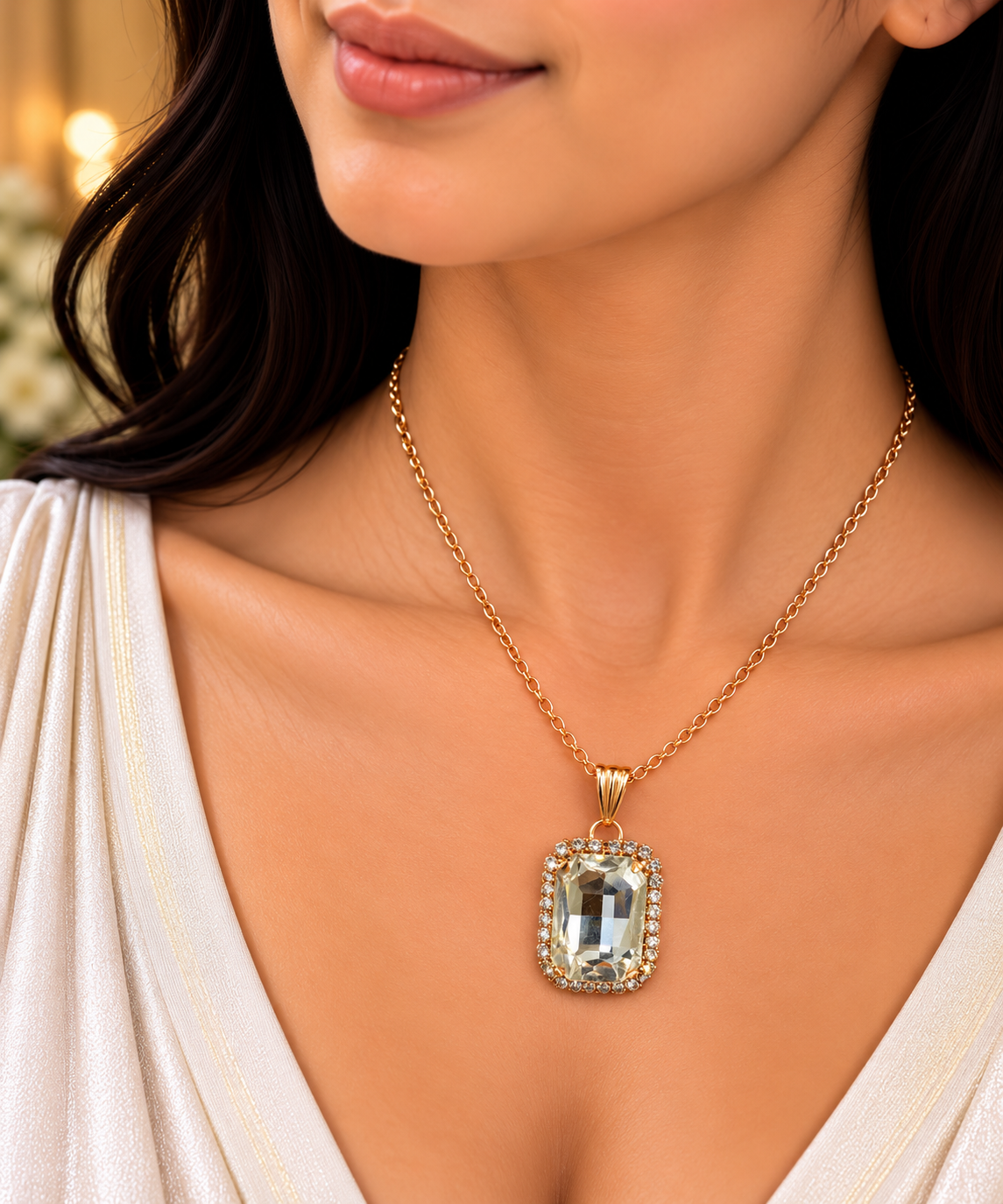 Elegant Rectangular Crystal Chain Pendant for Women | Gold Tone Pendant