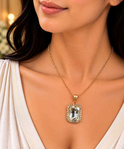 Elegant Rectangular Crystal Chain Pendant for Women | Gold Tone Pendant