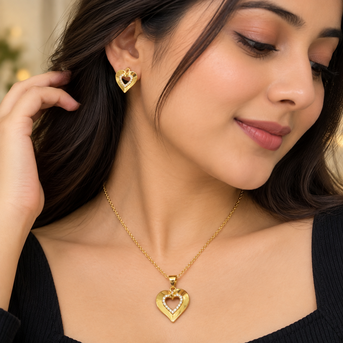 Elegant Heart Chain Pendant Set for Women | Gold Pendant with Earrings