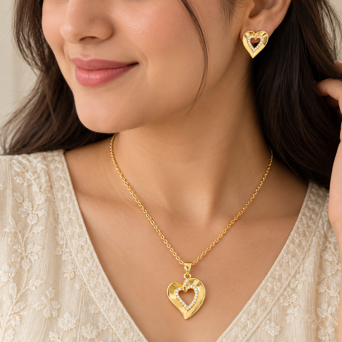 Elegant Heart Chain Pendant Set for Women | Gold Pendant with Earrings