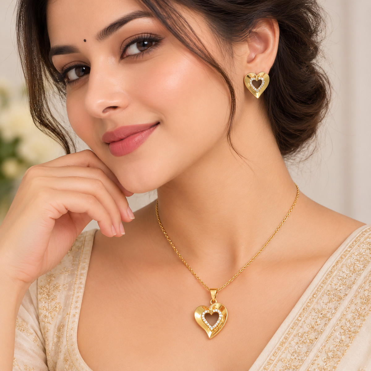 Elegant Heart Chain Pendant Set for Women | Gold Pendant with Earrings