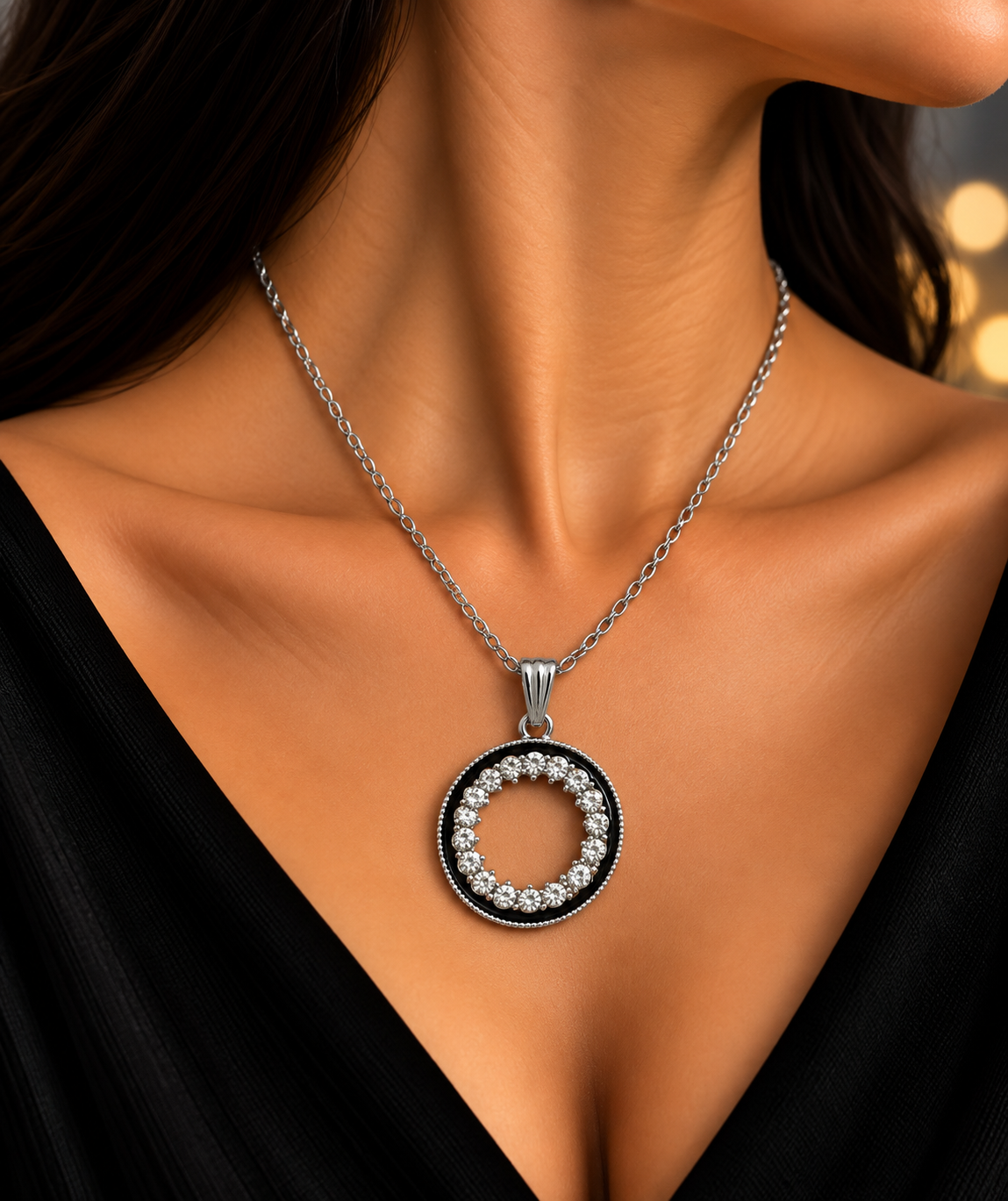 Elegant Black Circle Crystal Chain Pendant for Women | Silver Tone Pendant