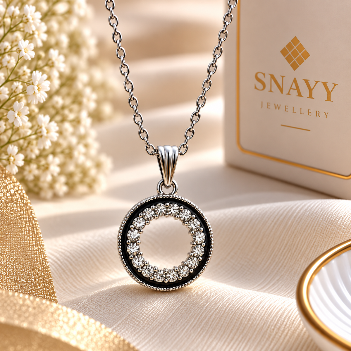 Elegant Black Circle Crystal Chain Pendant for Women | Silver Tone Pendant