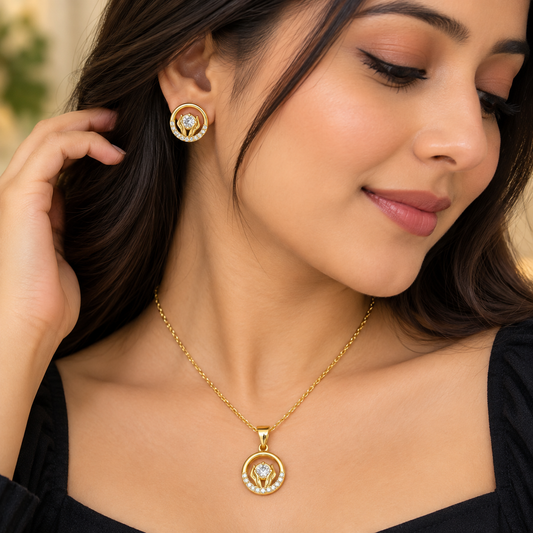 Elegant Round Crystal Chain Pendant Set for Women | Gold Pendant with Earrings