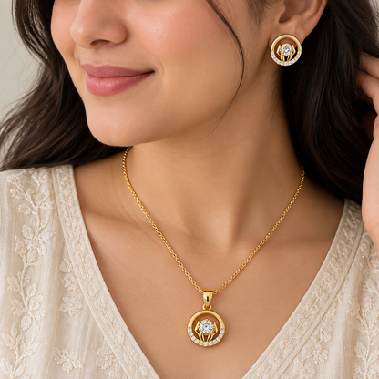 Elegant Round Crystal Chain Pendant Set for Women | Gold Pendant with Earrings