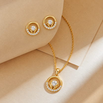 Elegant Round Crystal Chain Pendant Set for Women | Gold Pendant with Earrings