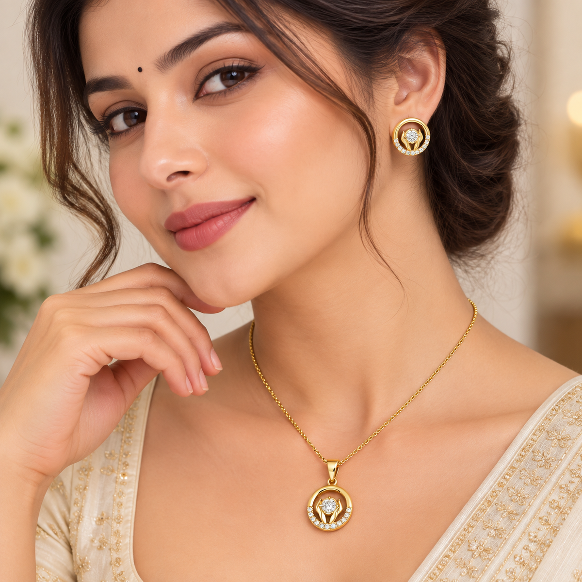 Elegant Round Crystal Chain Pendant Set for Women | Gold Pendant with Earrings