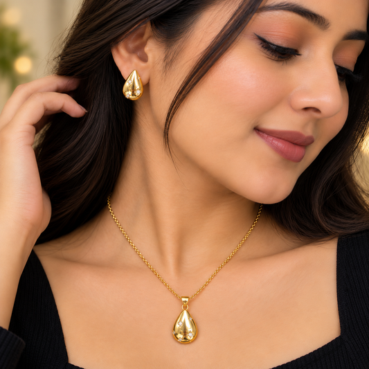 Elegant Teardrop Chain Pendant Set for Women | Gold Pendant with Earrings