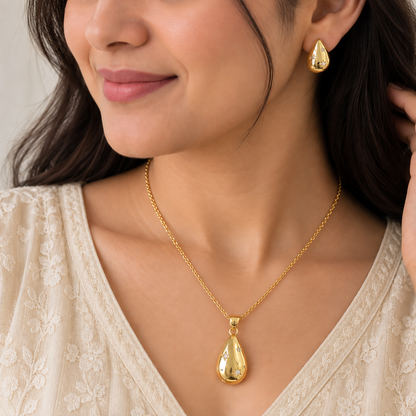 Elegant Teardrop Chain Pendant Set for Women | Gold Pendant with Earrings