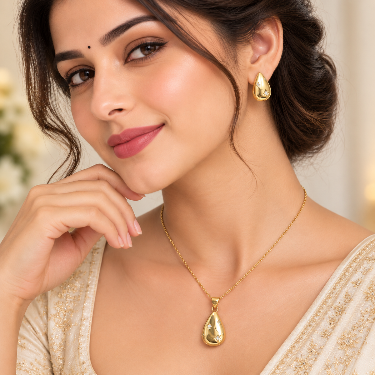 Elegant Teardrop Chain Pendant Set for Women | Gold Pendant with Earrings