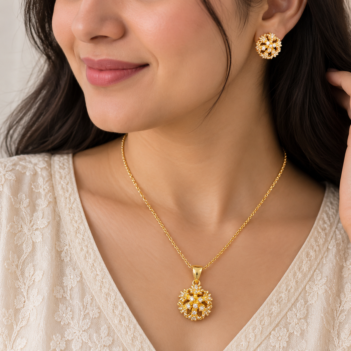 Floral Gold Chain Pendant Set for Women | Pendant with Earrings