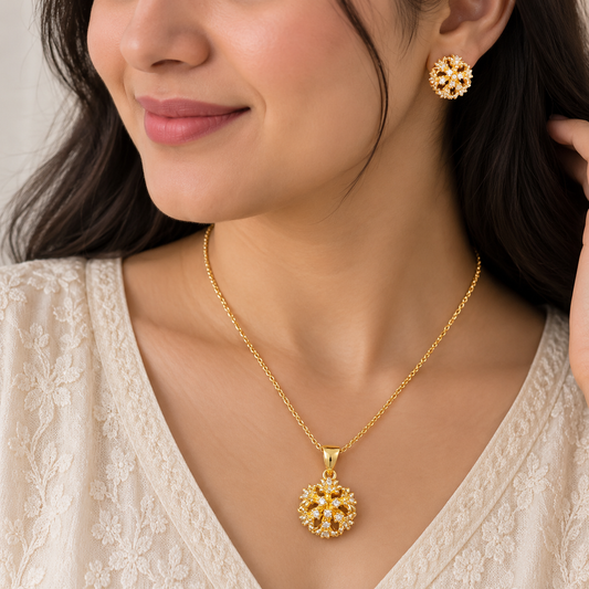 Floral Gold Chain Pendant Set for Women | Pendant with Earrings