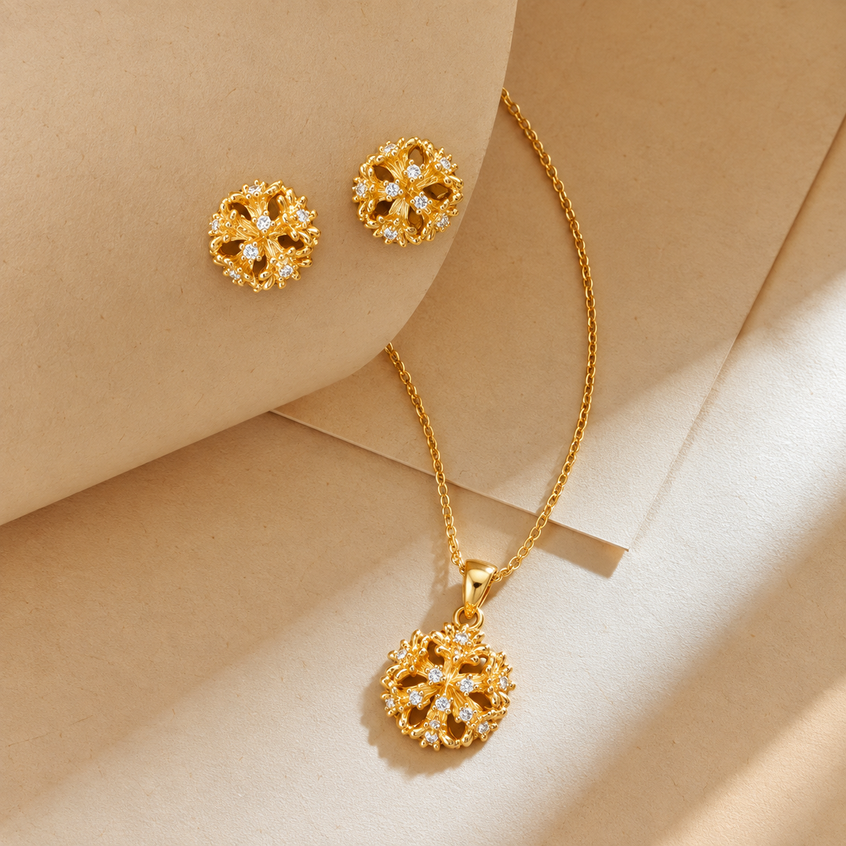 Floral Gold Chain Pendant Set for Women | Pendant with Earrings