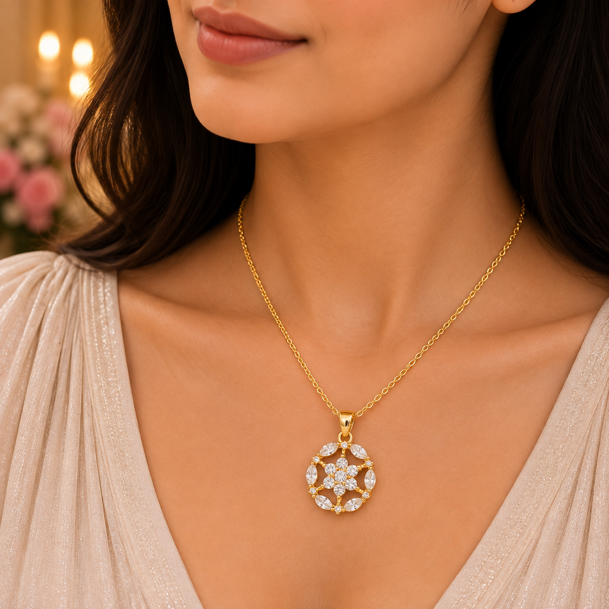 Elegant Gold Chain Pendant for Women | Floral Crystal Pendant
