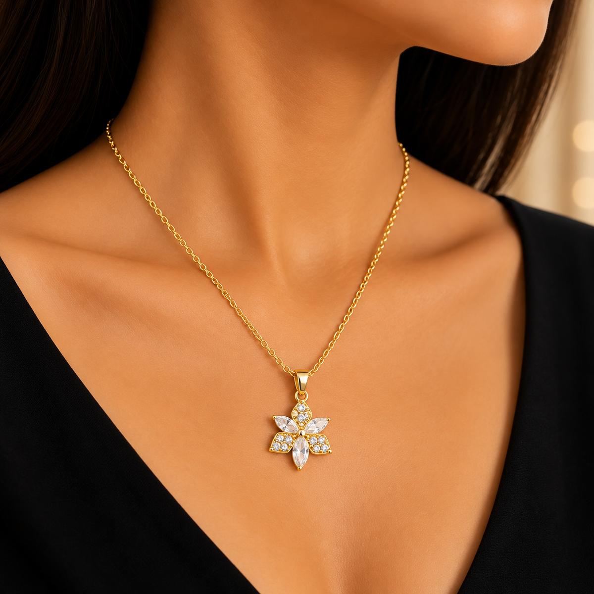 Elegant Floral Gold Chain Pendant for Women | Crystal Flower Pendant