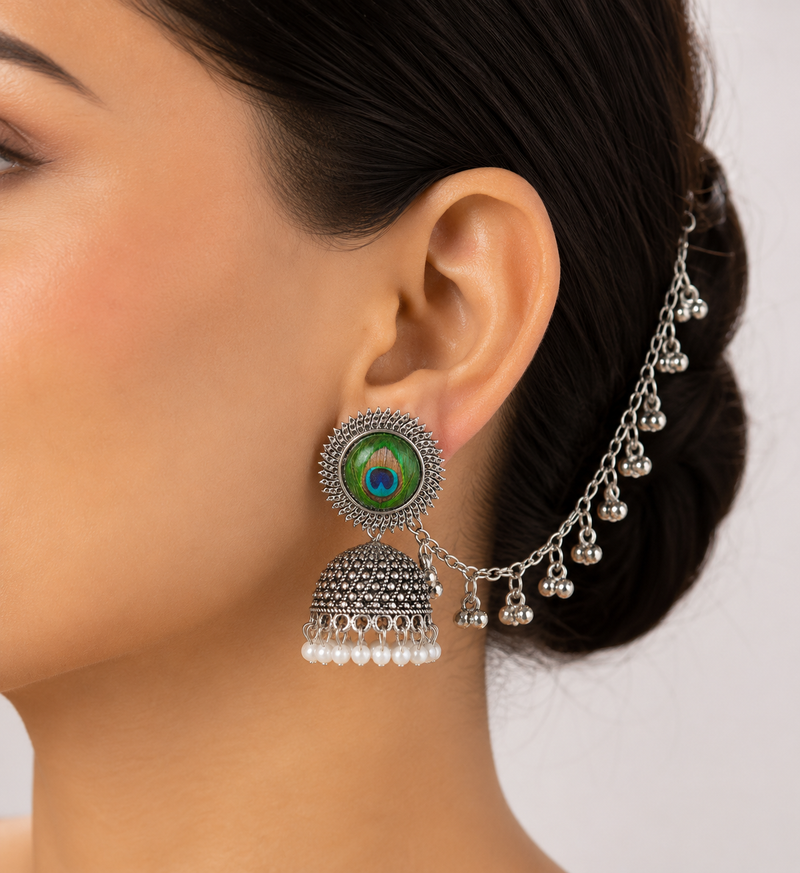 Peacock Oxidised Jhumka Earrings with Pearl Chain for Women