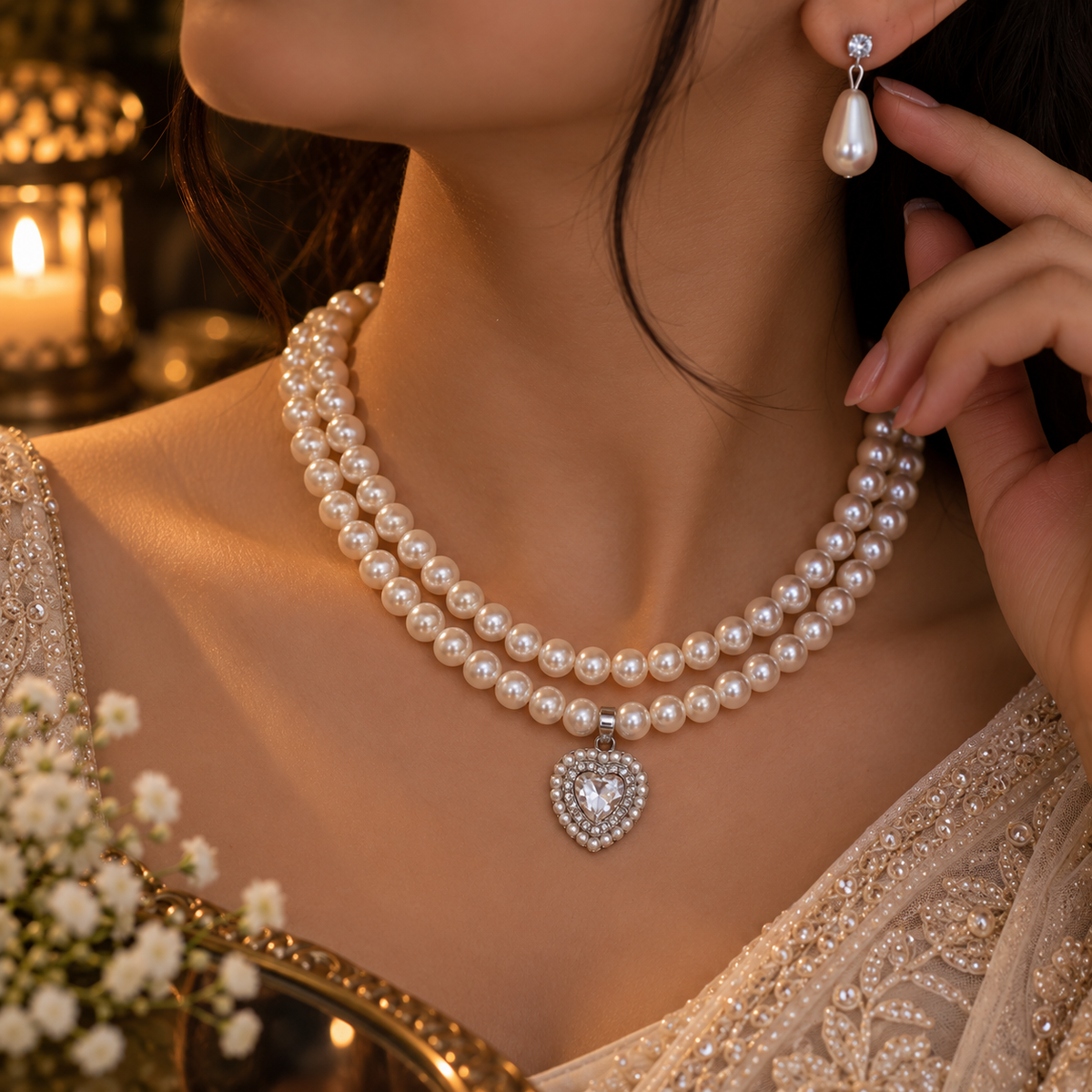 Elegant Pearl Necklace Set with Heart Pendant & Matching Earrings