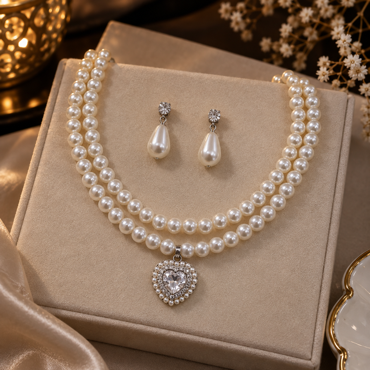 Elegant Pearl Necklace Set with Heart Pendant & Matching Earrings