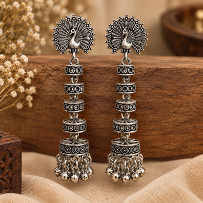 Oxidized Silver Peacock Jhumka Earrings for Women | Traditional Ethnic Hanging Earrings
