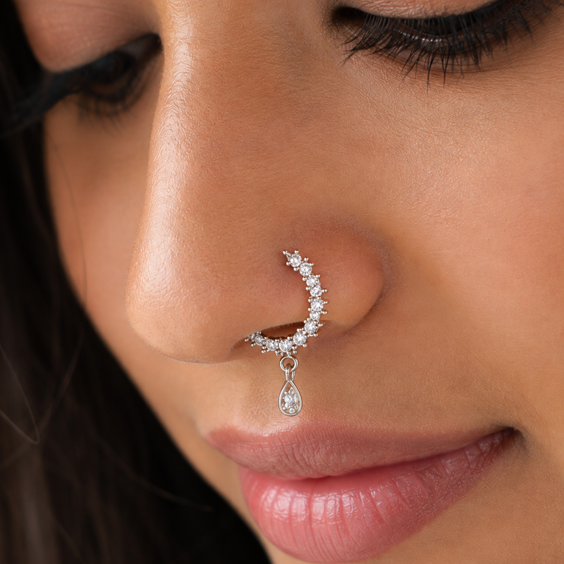 Elegant Crystal Crescent Nose Ring with Drop for Women