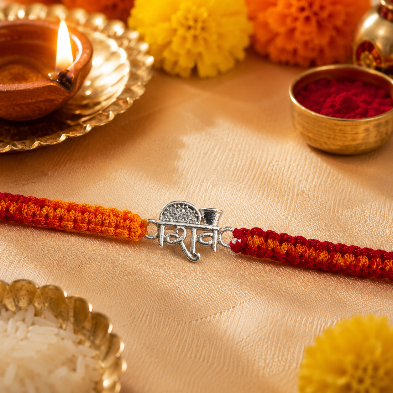 Premium Silver Shiv Rakhi with Handwoven Red Orange Thread