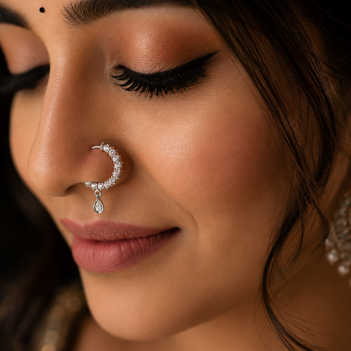 Elegant Crystal Crescent Nose Ring with Drop for Women