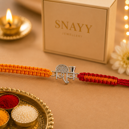 Premium Silver Shiv Rakhi with Handwoven Red Orange Thread