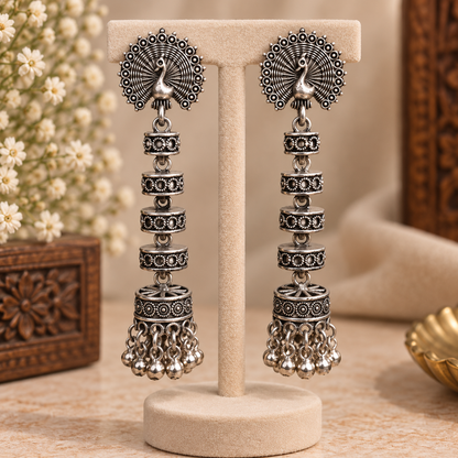 Oxidized Silver Peacock Jhumka Earrings for Women | Traditional Ethnic Hanging Earrings
