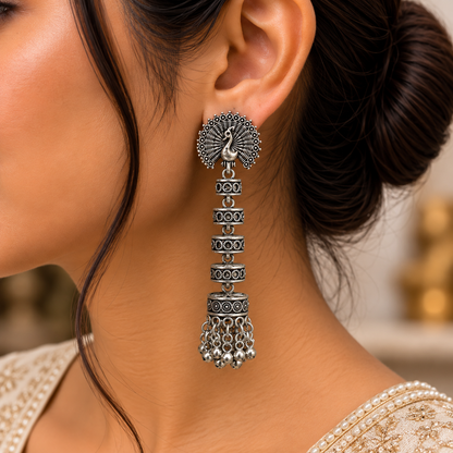 Oxidized Silver Peacock Jhumka Earrings for Women | Traditional Ethnic Hanging Earrings