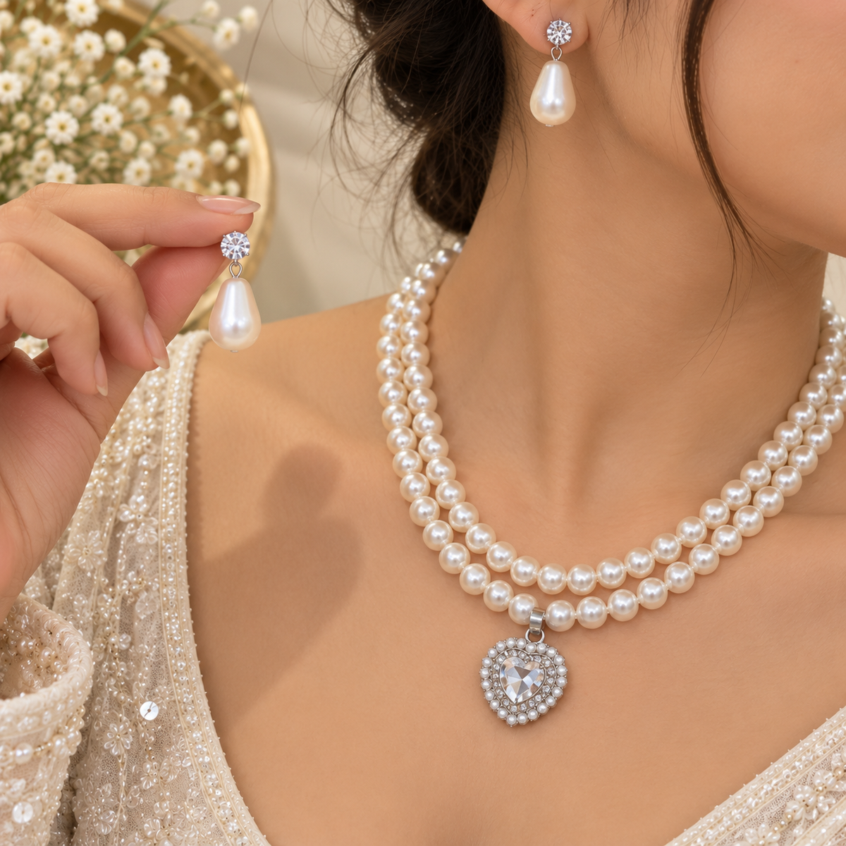 Elegant Pearl Necklace Set with Heart Pendant & Matching Earrings