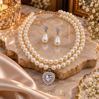 Elegant Pearl Necklace Set with Heart Pendant & Matching Earrings