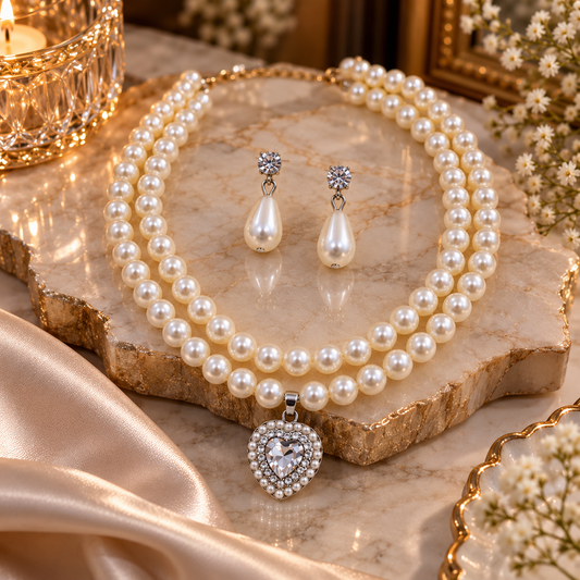Elegant Pearl Necklace Set with Heart Pendant & Matching Earrings