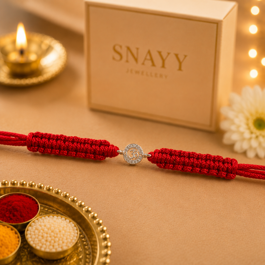 Premium Silver Om Rakhi with CZ Stone & Adjustable Red Thread