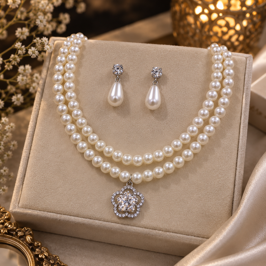 Pearl Double Layer Necklace Set with CZ Flower Pendant & Drop Earrings