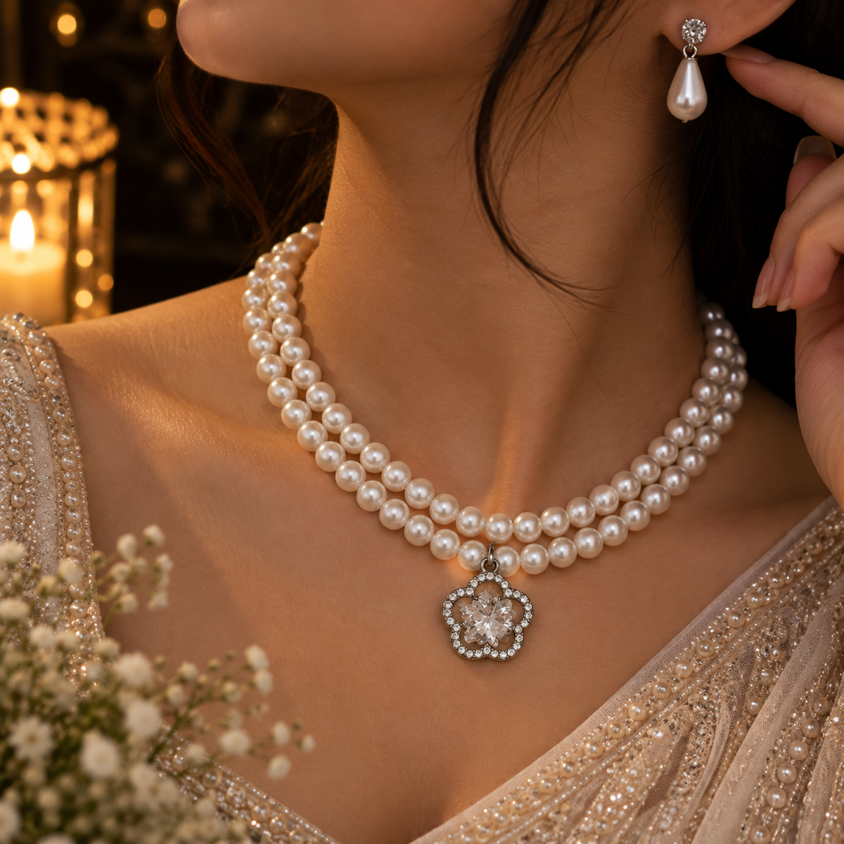 Pearl Double Layer Necklace Set with CZ Flower Pendant & Drop Earrings