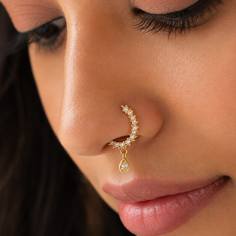 Elegant Gold Crystal Hoop Nose Ring with Drop for Women