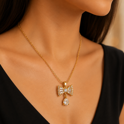 Gold Bow Pendant Necklace with Teardrop Stone for Women